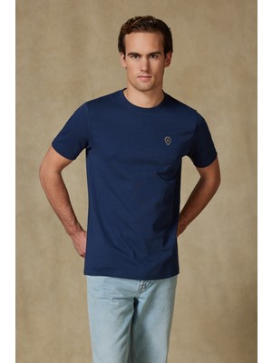 Abbate Edge Kalın Penye Pamuklu Comfort Fit Lacivert Bisiklet Yaka Erkek Düz T-Shirt