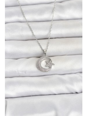 Inure Jewelry 316L Çelik Zincir Gümüş Renk Ay Yıldız Model Zirkon Taşlı Kadın Kolye