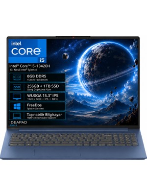 Lenovo Ideapad Slim 3 15IRH10 83K10062TR-02 Intel Core I5-13420H 8gb Ddr5 256GB+1TB SSD Wuxga 15.3" IPS 60Hz Freedos Taşınabilir Bilgisayar