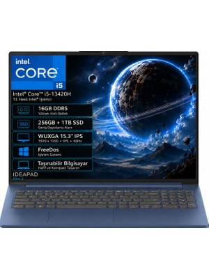 Lenovo Ideapad Slim 3 15IRH10 83K10062TR-06 Intel Core I5-13420H 16GB Ddr5 256GB+1TB SSD Wuxga 15.3" IPS 60Hz Freedos Taşınabilir Bilgisayar