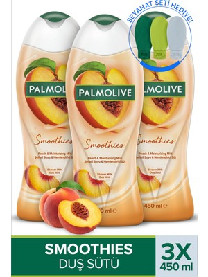 Palmolive Smoothies Şeftali Duş Jeli Nemlendirici Etki 3×450 ml Ferahlatıcı Koku + Seyahat Kiti Hediye