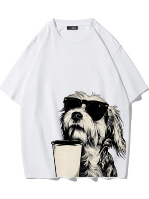Brz Collection Unisex Oversize Cool Shih Tzu T-Shirt (Beyaz)