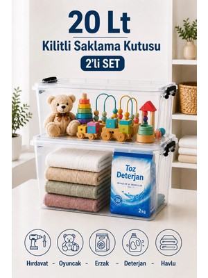 Naturelove 2'li Set 20 Lt Kilitli Saklama Kutusu Çok Amaçlı Düzenleyici Kiler Erzak Hırdavat Oyuncak Organizer