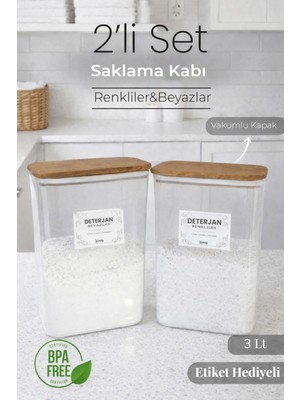 Naturelove 2'li Doğal Ahşap Vakumlu Kapak Toz Deterjan Kutusu Renkliler Beyazlar Etiketli 3 Litre