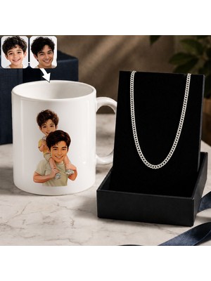 Bk Gift Kişiye Özel Baba&çocuk Karikatürlü Beyaz Kupa & Gurmet Zincir Kolye -1, Babalar Günü Hediyesi