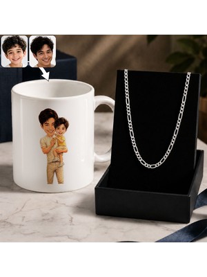 Bk Gift Kişiye Özel Baba&çocuk Karikatürlü Beyaz Kupa & Figaro Zincir Kolye -2, Babalar Günü Hediyesi