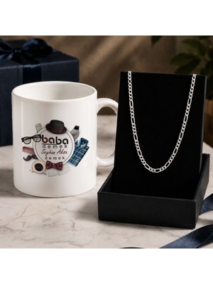 Bk Gift Kişiye Özel Babalar Günü Tasarımlı Beyaz Kupa & Figaro Zincir Kolye -14, Babalar Günü Hediyesi