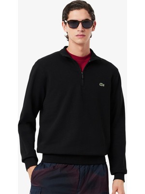 Lacoste Zip-Up Fleece Sweatshirt Black Fermuarlı Dik Yaka Pamuklu Erkek Sweatshirt Siyah