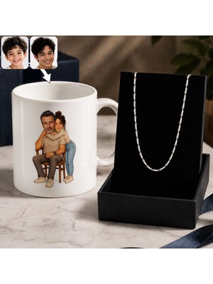 Bk Gift Kişiye Özel Baba&çocuk Karikatürlü Beyaz Kupa & Yaprak Model Zincir Kolye -5, Babalar Günü Hediyesi