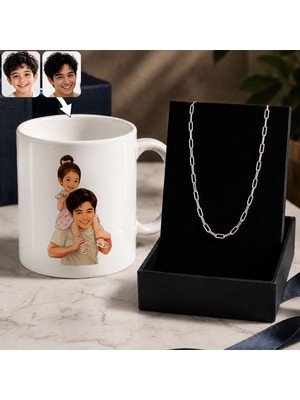 Bk Gift Kişiye Özel Baba&çocuk Karikatürlü Beyaz Kupa & Ataç Zincir Kolye -4, Babalar Günü Hediyesi