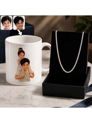 Bk Gift Kişiye Özel Baba&çocuk Karikatürlü Beyaz Kupa & Kral Zincir Kolye -4, Babalar Günü Hediyesi