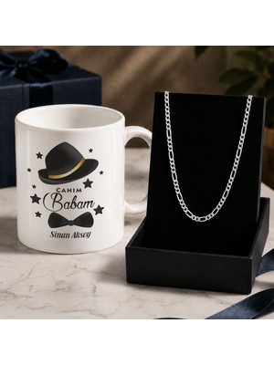 Bk Gift Kişiye Özel Babalar Günü Tasarımlı Beyaz Kupa & Figaro Zincir Kolye -4, Babalar Günü Hediyesi