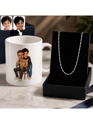 Bk Gift Kişiye Özel Baba&çocuk Karikatürlü Beyaz Kupa & Yaprak Model Zincir Kolye -6, Babalar Günü Hediyesi
