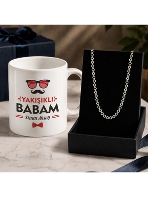 Bk Gift Kişiye Özel Babalar Günü Tasarımlı Beyaz Kupa & Rolo Zincir Kolye -5, Babalar Günü Hediyesi