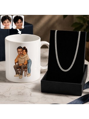 Bk Gift Kişiye Özel Baba&çocuk Karikatürlü Beyaz Kupa & Gurmet Zincir Kolye -5, Babalar Günü Hediyesi