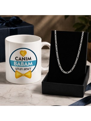 Bk Gift Kişiye Özel Babalar Günü Tasarımlı Beyaz Kupa & Figaro Zincir Kolye -11, Babalar Günü Hediyesi
