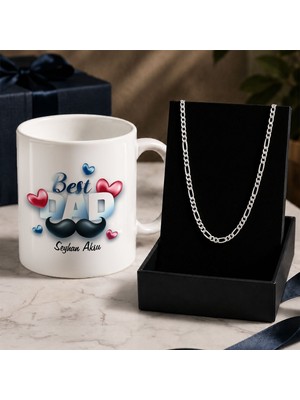 Bk Gift Kişiye Özel Babalar Günü Tasarımlı Beyaz Kupa & Figaro Zincir Kolye -10, Babalar Günü Hediyesi