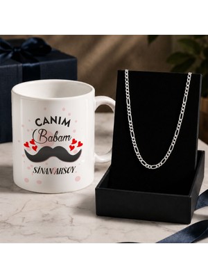 Bk Gift Kişiye Özel Babalar Günü Tasarımlı Beyaz Kupa & Figaro Zincir Kolye -3, Babalar Günü Hediyesi