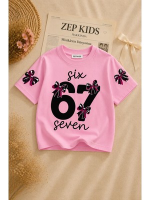 Zepkids Kız Çocuk 67 Baskılı Pamuklu Likralı Pembe Renk Oversize Tişört