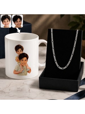 Bk Gift Kişiye Özel Baba&çocuk Karikatürlü Beyaz Kupa & Figaro Zincir Kolye -1, Babalar Günü Hediyesi