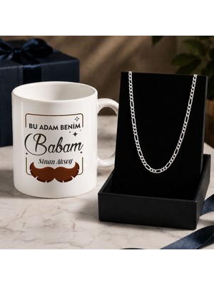 Bk Gift Kişiye Özel Babalar Günü Tasarımlı Beyaz Kupa & Figaro Zincir Kolye -6, Babalar Günü Hediyesi