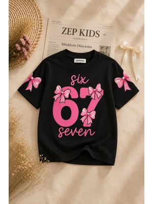 Zepkids Kız Çocuk 67 Baskılı Pamuklu Likralı Siyah Renk Oversize Tişört