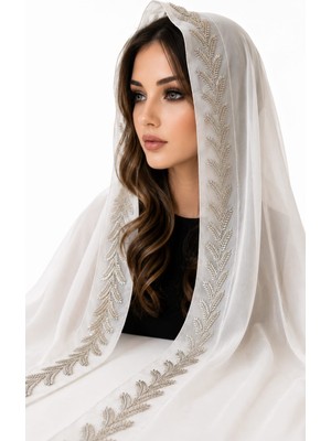 Ceylan Collection Mevlüt Örtüsü - Kırık Beyaz Boncuk Işlemeli Özel Tasarım Şifon Mevlüt Örtüsü 75×150