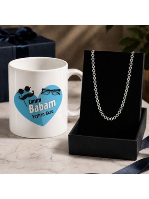 Bk Gift Kişiye Özel Babalar Günü Tasarımlı Beyaz Kupa & Rolo Zincir Kolye -8, Babalar Günü Hediyesi