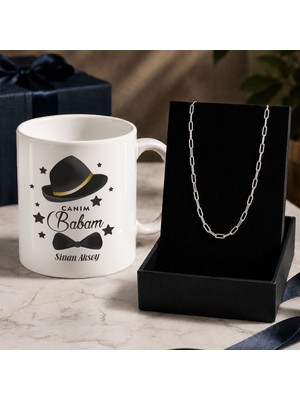 Bk Gift Kişiye Özel Babalar Günü Tasarımlı Beyaz Kupa & Ataç Zincir Kolye -4, Babalar Günü Hediyesi