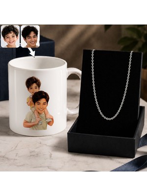 Bk Gift Kişiye Özel Baba&çocuk Karikatürlü Beyaz Kupa & Forse Zincir Kolye -1, Babalar Günü Hediyesi