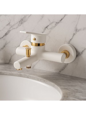 Viosa Beyaz Gold Detaylı Banyo Duş Bataryası 5 Yıl Garantili Musluk