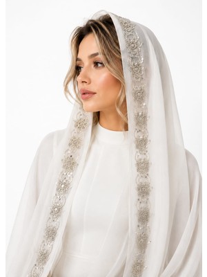 Ceylan Collection Mevlüt Örtüsü - Kırık Beyaz Boncuk Işlemeli Özel Tasarım Şifon Mevlüt Örtüsü 75×150