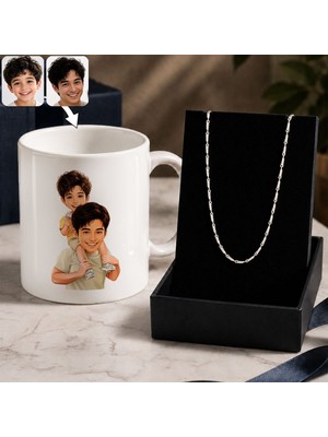 Bk Gift Kişiye Özel Baba&çocuk Karikatürlü Beyaz Kupa & Yaprak Model Zincir Kolye -1, Babalar Günü Hediyesi