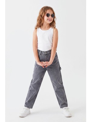 Joy Kids Kız Çocuk Mom Kalıp Aplet Tokalı Kot Pantolon (9-16YAŞ) (Gri)