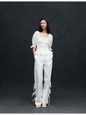 Marks & Spencer Saf Pamuklu Nakışlı Bağlama Detaylı Wide Leg Pantolon