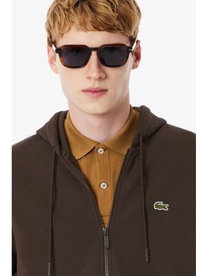 Lacoste Men's Classic Fit Full Zip Hoodie Sweatshirt Erkek Ayarlanabilir Kapüşonlu Organik Pamuk Sweatshirt Kahverengi