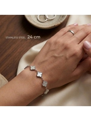 Stainless Steel Gümüş Renk Beyaz Taş Yonca Model Çelik Bileklik