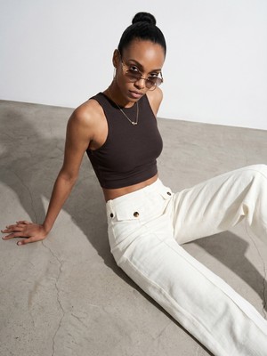 Dilvin 32941 Halter Yaka Crop Top-Koyu Kahve