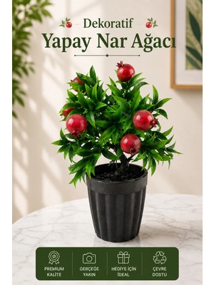 Naturelove Dekoratif Saksılı Yapay Nar Ağacı - Yeşil Yapraklı Balkon Salon Mutfak Ofis Dekor Çiçeği