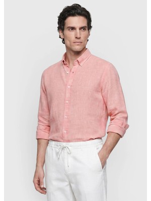 Ramsey Turuncu Düz Casual Fit Uzun Dokuma Casual %100 Keten Gömlek