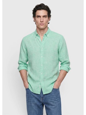 Ramsey Yeşil Düz Casual Fit Uzun Dokuma Casual %100 Keten Gömlek