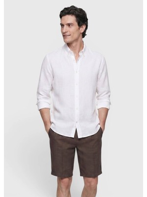 Ramsey Beyaz Düz Casual Fit Uzun Dokuma Casual %100 Keten Gömlek
