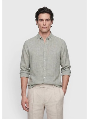Ramsey Zeytin Yeşili Düz Casual Fit Uzun Dokuma Casual %100 Keten Gömlek