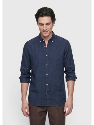 Ramsey Indigo Düz Casual Fit Uzun Dokuma Casual %100 Keten Gömlek