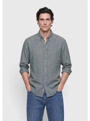 Ramsey Koyu Yeşil Düz Casual Fit Uzun Dokuma Casual %100 Keten Gömlek