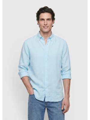 Ramsey Mint Düz Casual Fit Uzun Dokuma Casual %100 Keten Gömlek