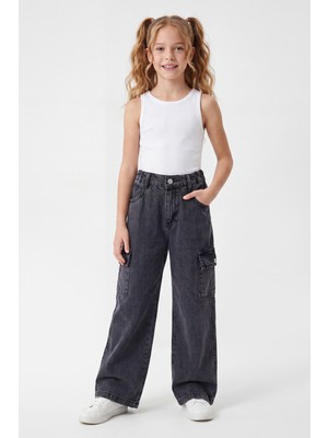 Joy Kids Kız Çocuk Ispanyol Paça Kargo Cepli Kot Pantolon (9-12YAŞ) (Siyah)