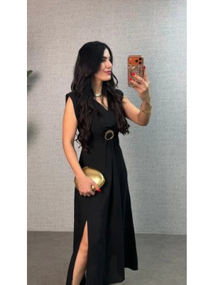 Artsviva Kadın Kısa Kollu Vatkalı Önden Tokalı Yandan Yırtmaçlı Uzun Ithal Krep Elbise