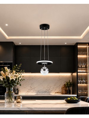 Gusto Lighting Aura Teklı LED Siyah Sarkıt Avize,3 Renk Yanabilen Modern Avize,salon LED Avize