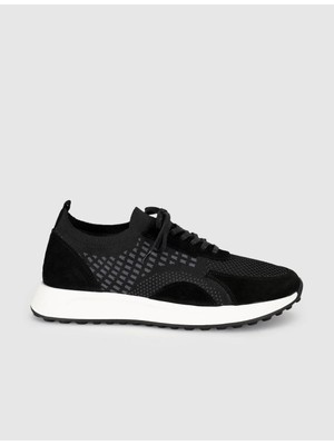 Cabani Siyah Triko Hakiki Deri Erkek Sneaker Ayakkabı